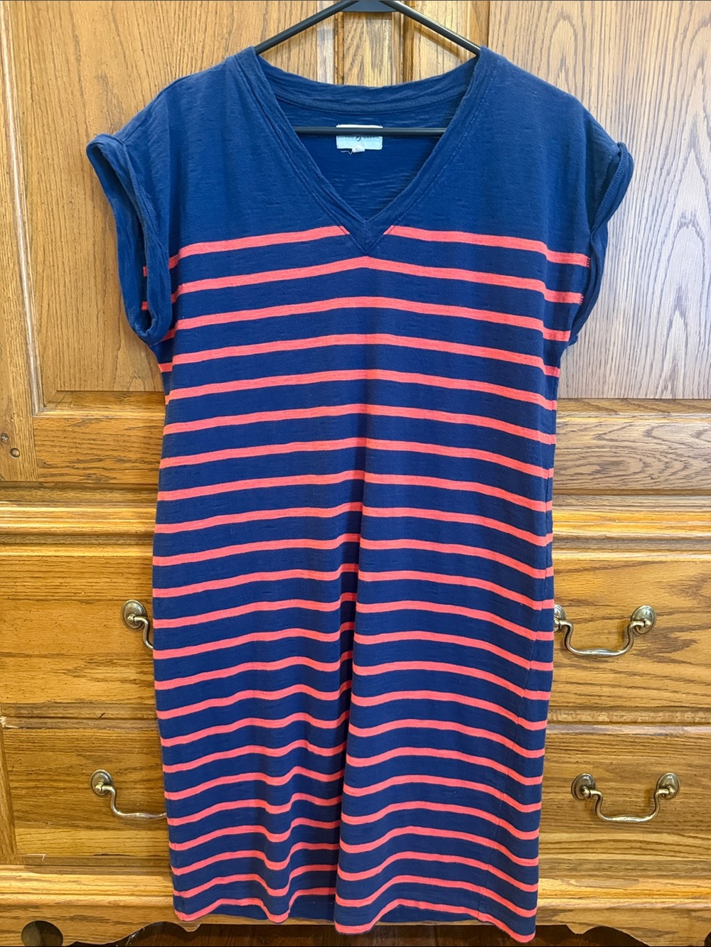 Lou & Grey Navy and orange Striped V-Neck Casual Dress